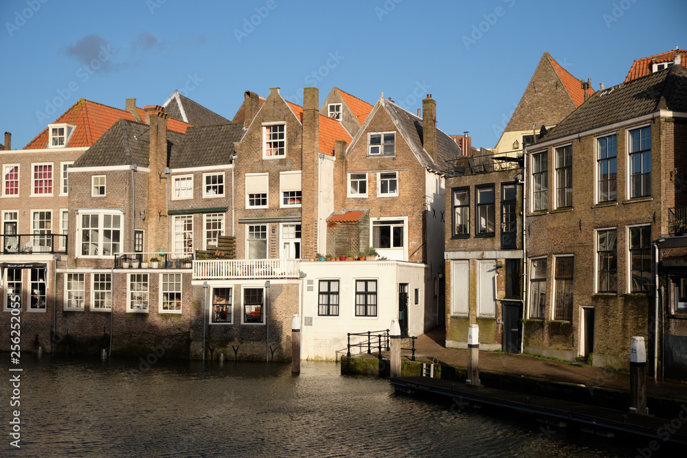Dordrecht city - typical facade and buildings with waterways - Netherlands - Holland.