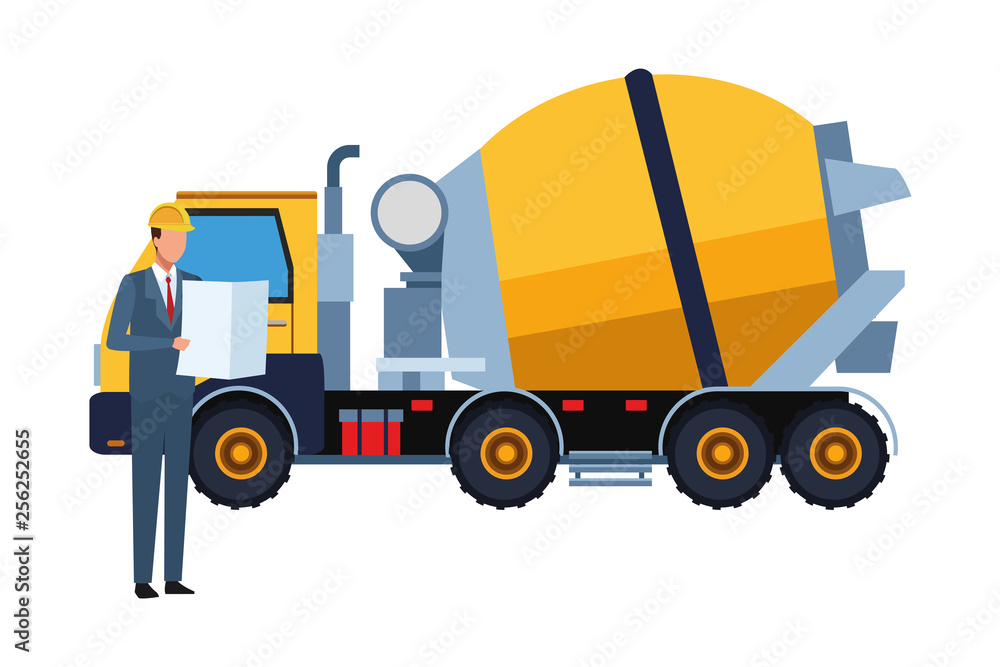 Construction engineer and cement truck colorful