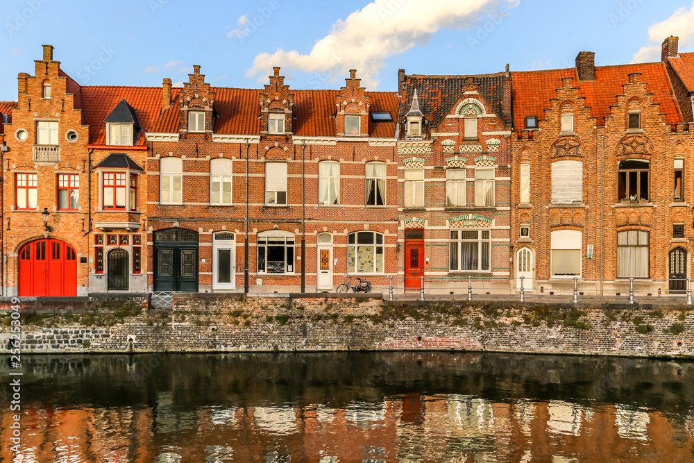 Fototapeta premium Traditional belgian buildings (houses) along the Langerei canal in Bruges, Belgium