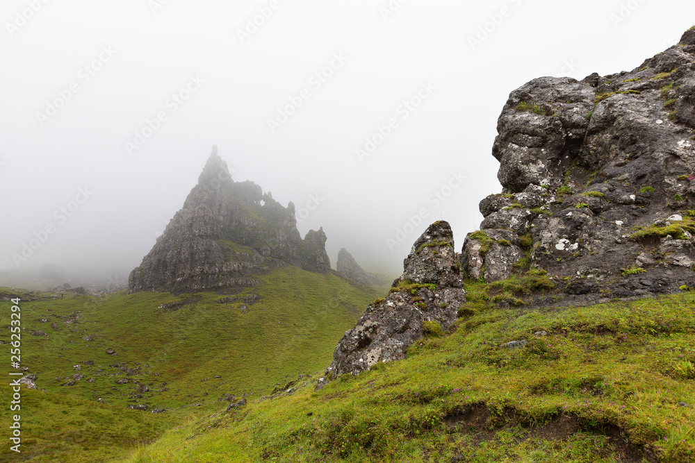 Rock formations in mist at the Old Man of Storr on Isle of skye