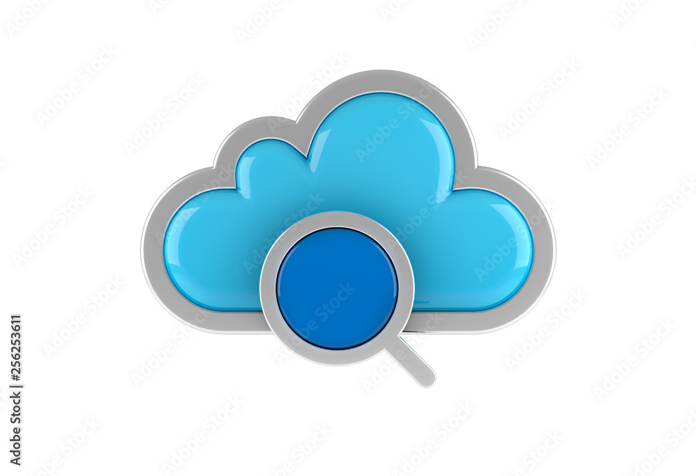 Cloud Computing internet Symbol concept with Magnifying glass icon on white background. 3D rendering. Cloud Computing internet Symbol concept with Magnifying glass icon on white background. 3D rendering.