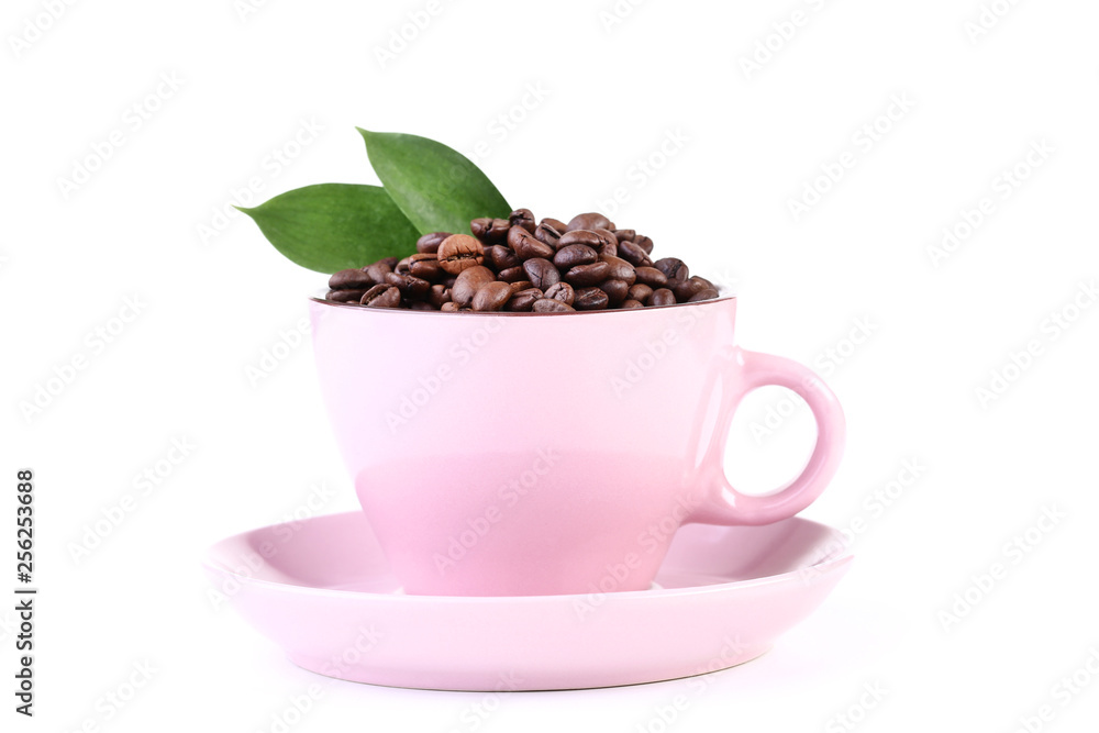 Coffee beans in cup with green leafs isolated on white background Coffee beans in cup with green leafs isolated on white background