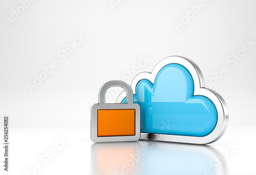 Cloud Computing internet Symbol concept with Lock icon on white background. 3D rendering.