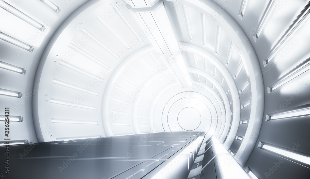 Fototapeta premium Futurystyczny biały tunel ze światłem. Widok wnętrza długiego korytarza. Przyszłe pojęcie tła science-fiction. Renderowanie 3D.