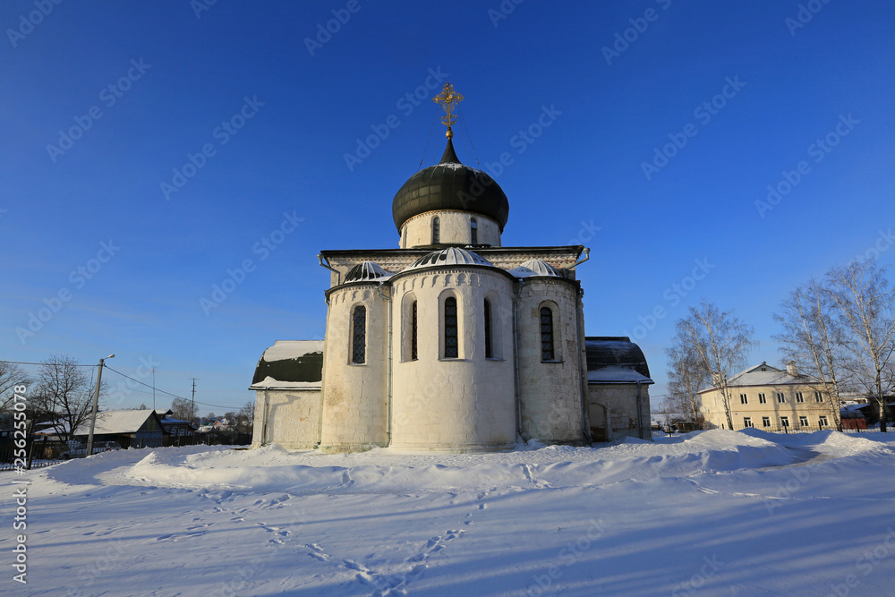 Frosty winter day in Russia. View of the Georgievsky Cathedral in the city of Yuriev-Polsky