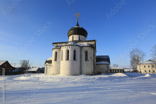 Frosty winter morning in Russia. View of the Georgievsky Cathedral in the city of Yuriev-Polsky