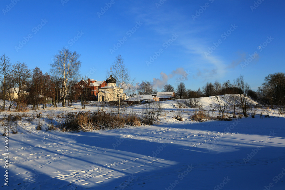 Winter view of St. George's Cathedral in the town of Yuriev-Polsky in Russia