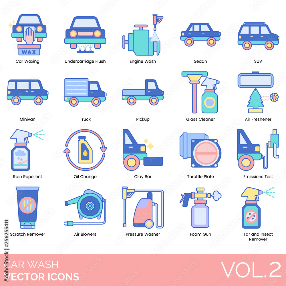 Car wash icons including waxing, undercarriage flush, engine, sedan