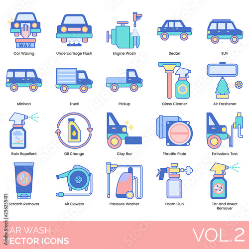 Car wash icons including waxing, undercarriage flush, engine, sedan, SUV, minivan, truck, pickup, glass cleaner, air freshener, rain repellent, oil change, clay bay, throttle plate, emission test.