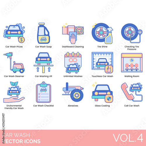 Car wash icons including prices, soap, dashboard cleaning, tire shine, checking pressure, steamer, lift, unlimited washes, touchless, waiting room, environmental friendly, checklist, abrasives, glass.