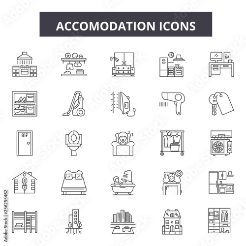 Accomodation line icons. Editable stroke. Concept illustrations: travel, holiday, vacation, hotel, room etc. Accomodation  outline icons