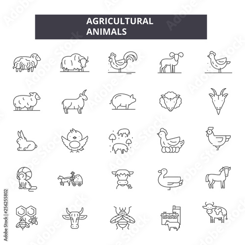 Agricultural animals line icons. Editable stroke. Concept illustrations: agriculture, fram, livestock, domestic animals, farming, cattle etc. Agricultural animals  outline icons