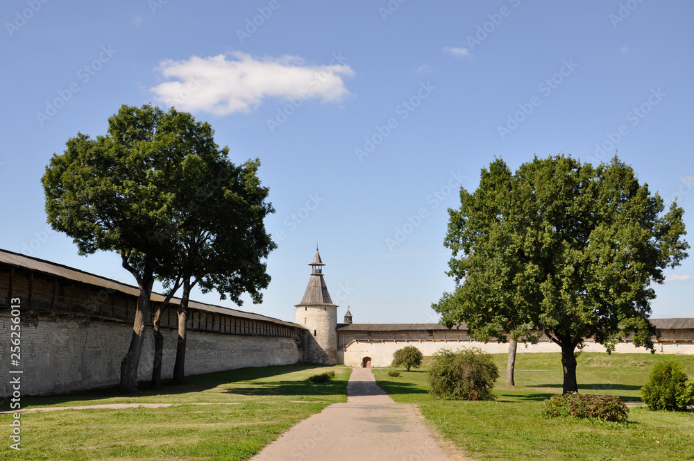 View towards the northern tower of Kutekrom and the fortress walls of Pskov Krom, Russia. View towards the northern tower of Kutekrom and the fortress walls of Pskov Krom, Russia.