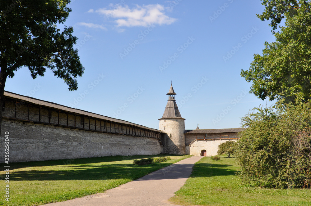 View towards the northern tower of Kutekrom and the fortress walls of Pskov Krom, Russia.