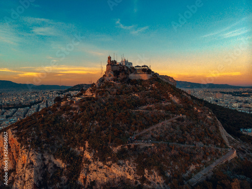 Aerial view  drone Footage of Mount Lycabettus  Athens  Attica  Greece