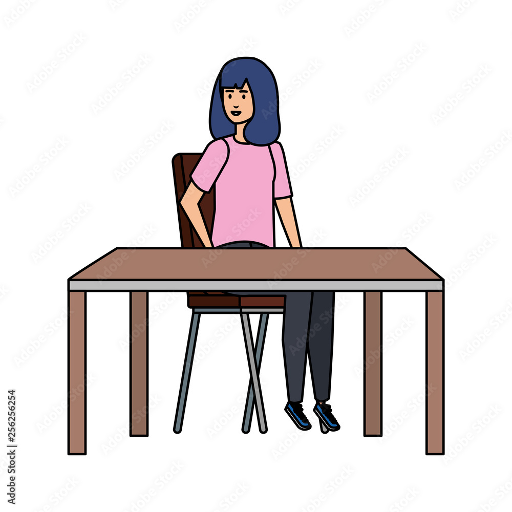 young woman sitting in chair and table