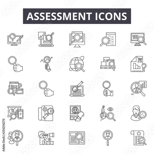 Assessment line icons for web and mobile. Editable stroke signs. Assessment  outline concept illustrations