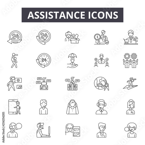 Assistance line icons for web and mobile. Editable stroke signs. Assistance  outline concept illustrations