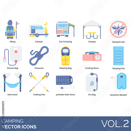Camping icons including hiking, camper, car, canopy, mosquito net, shower bag, paracord, sleeping, cooking stove, pad, hammock, trekking pole, portable solar panel, dry, hydration bladder.
