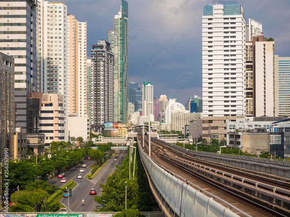 Modern city building with railway of train in  Bangkok