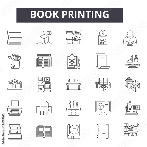 Book printing line icons for web and mobile. Editable stroke signs. Book printing  outline concept illustrations