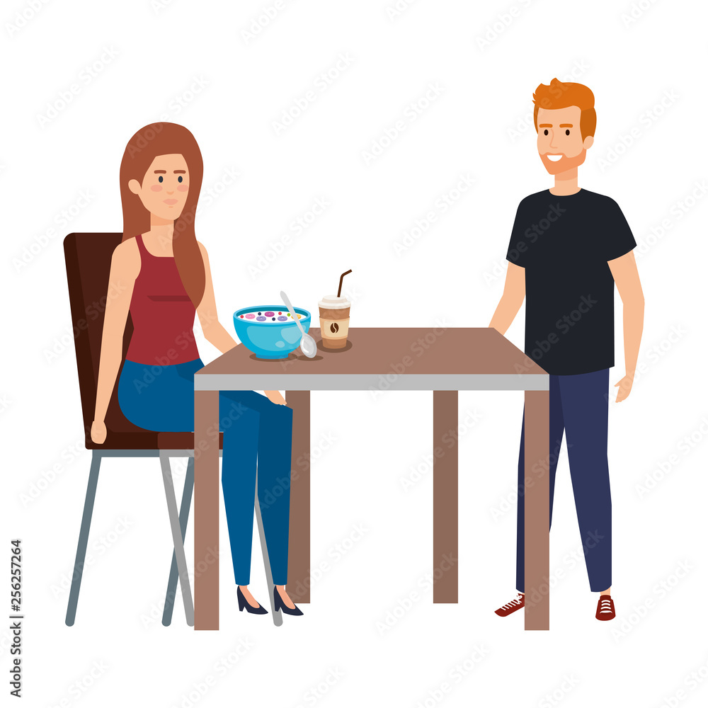 young couple eating in table characters young couple eating in table characters