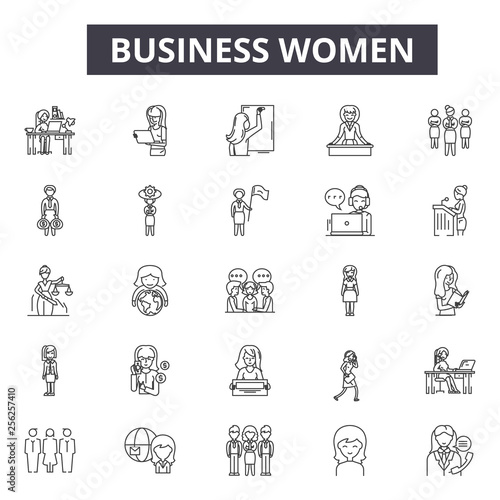 Business women line icons for web and mobile. Editable stroke signs. Business women  outline concept illustrations
