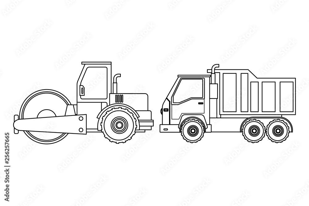 Construction vehicles machinery in black and white