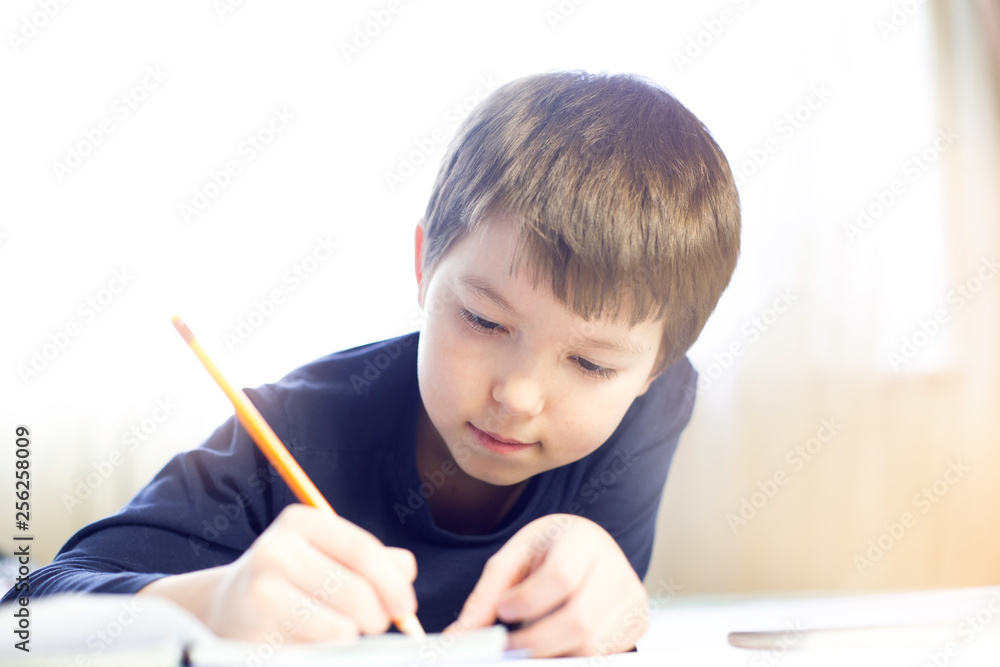 Portrait cute, cheerful little boy in a bright room. Child writing in a notebook with a pencil. Preteen schoolboy doing his homework. Portrait cute, cheerful little boy in a bright room. Child writing in a notebook with a pencil. Preteen schoolboy doing his homework.