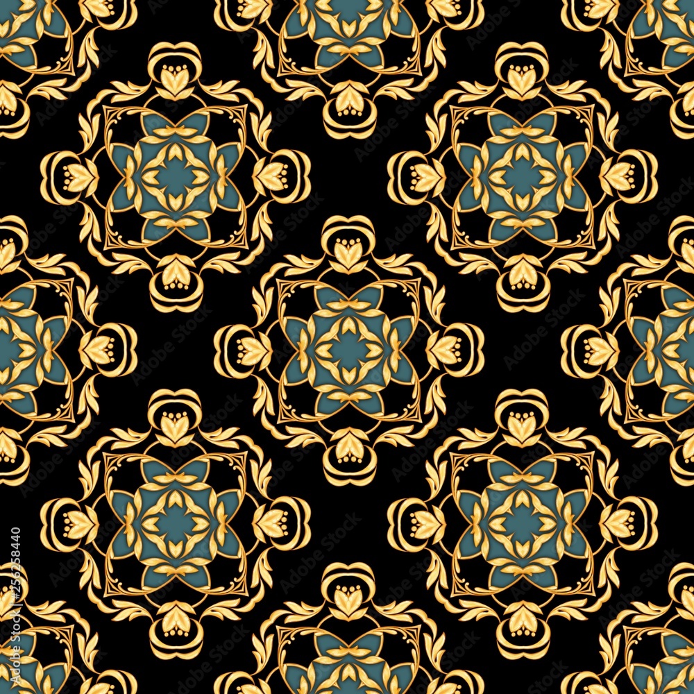 Seamless black luxury pattern with golden elements