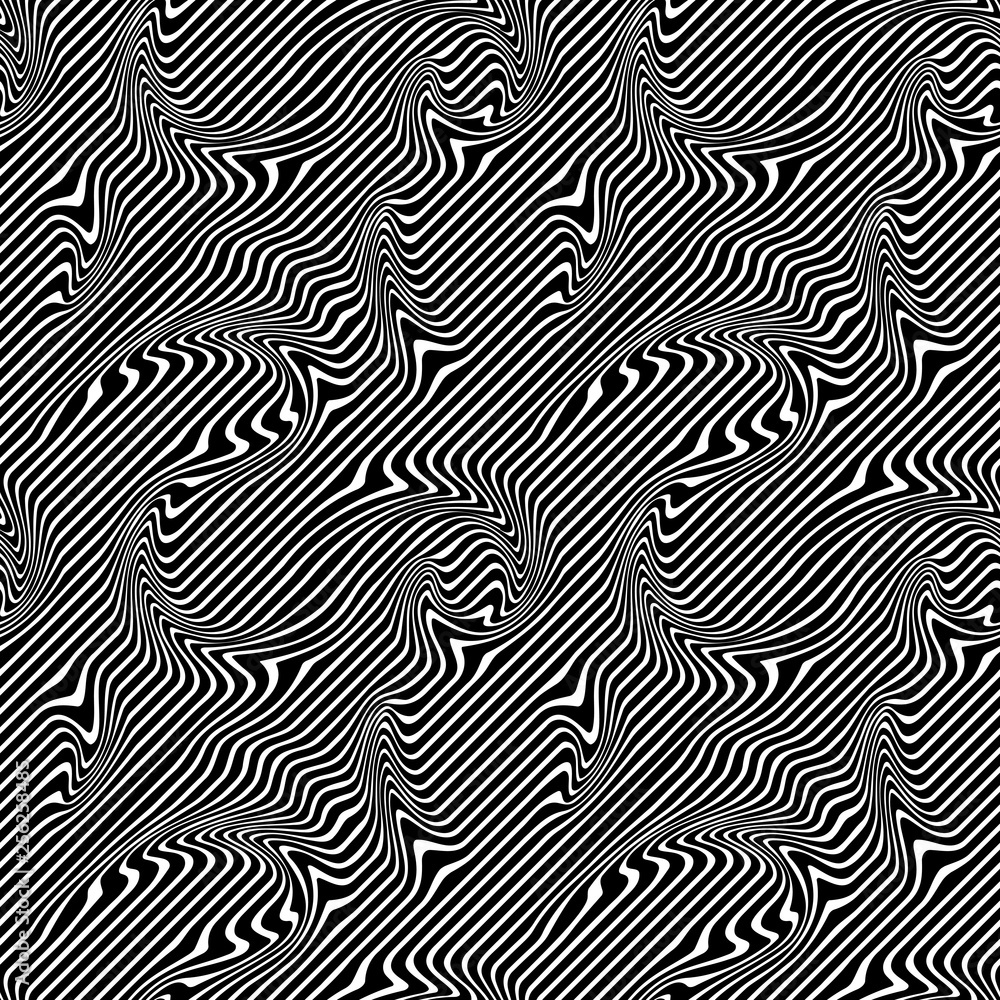 Abstract Illustration of Wave Stripes on Black and White Background with Geometric Pattern and Visual Distortion Effect. Optical illusion and Curved lines. Op art.