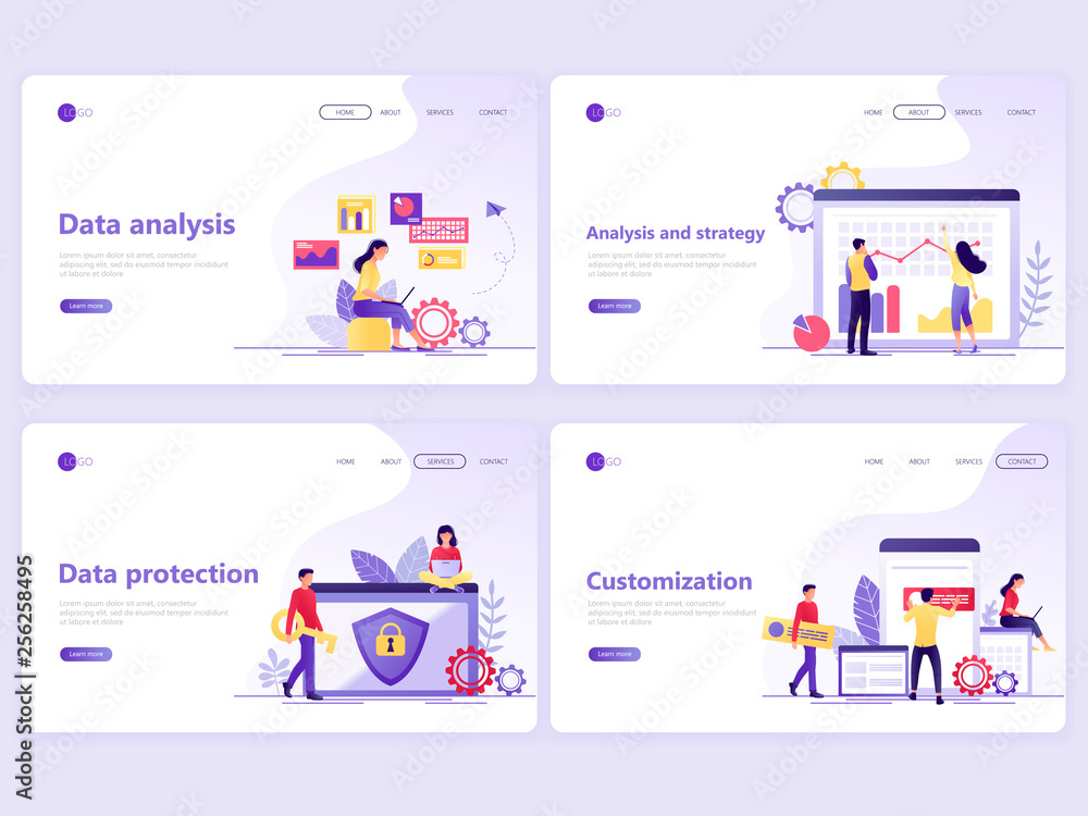 Set of Landing page templates. Data analysis, strategy, protection, customization. Flat vector illustration concepts for a web page or website.