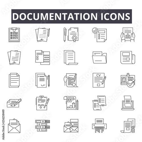 Documentation line icons for web and mobile. Editable stroke signs. Documentation  outline concept illustrations