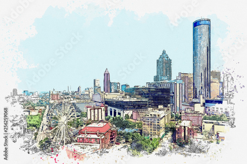 Quadro em tela Watercolor sketch or illustration of a beautiful view of modern architecture in