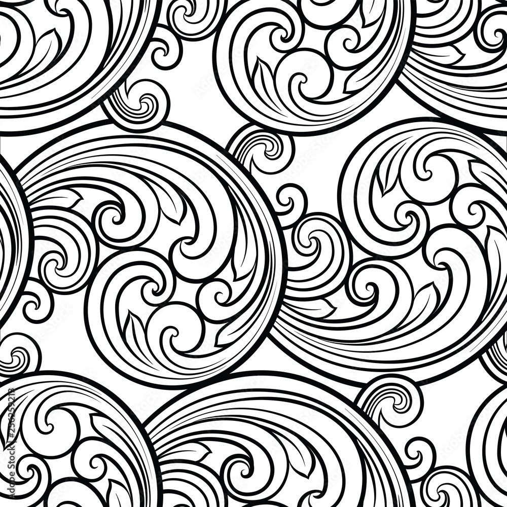 Fototapeta premium Seamless baroque scrolls line pattern in eastern or arabic style. Exquisite monochrome texture. Black and white graphic background, lace pattern