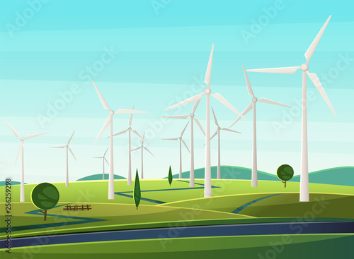 Rural narure with windmills, wind turbines, field, trees. Summer landscape with windmills as symbol of ecological energy.