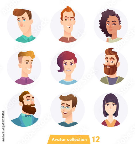 Cheerful people avatar collection. User faces. Trendy modern style. Flat Cartoon Character design.