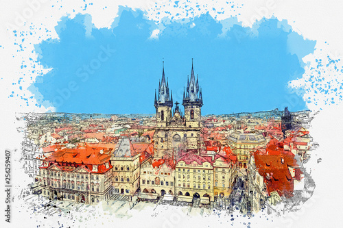 Canvas Print Watercolor sketch or illustration of a beautiful view of the traditional ancient