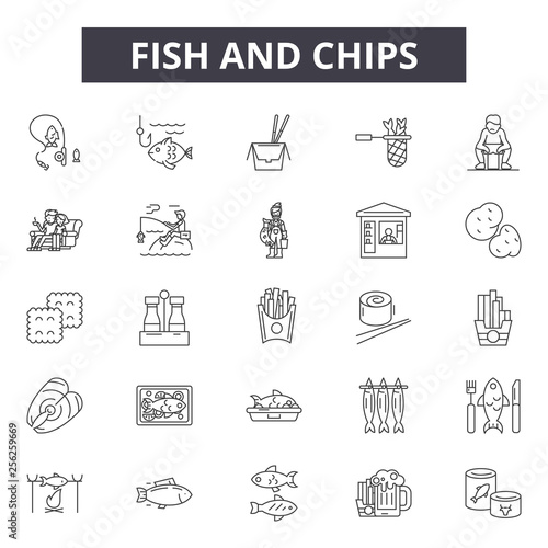 Fish and chips line icons for web and mobile. Editable stroke signs. Fish and chips  outline concept illustrations