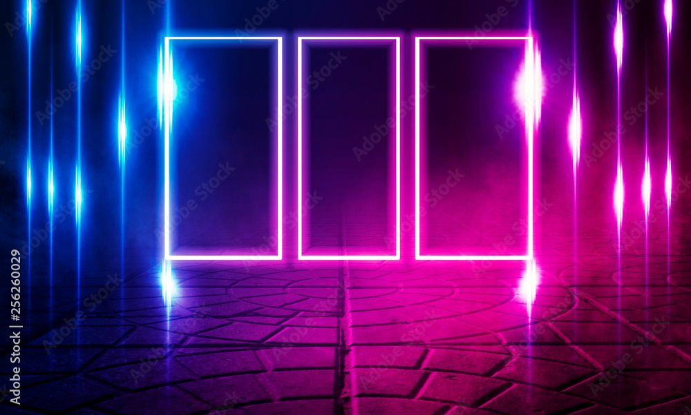 Empty scene background. Multicolored blurred lights of the night city, bokeh. Reflection of lights on a concrete tile, smoke. Neon light shapes Empty scene background. Multicolored blurred lights of the night city, bokeh. Reflection of lights on a concrete tile, smoke. Neon light shapes