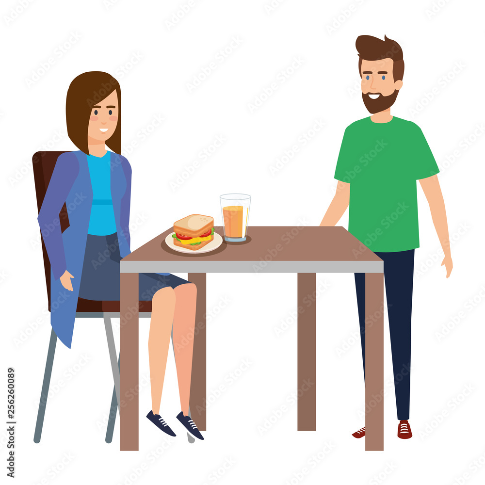 young couple eating in table characters young couple eating in table characters