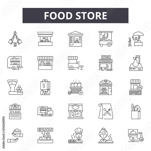 Food store line icons for web and mobile. Editable stroke signs. Food store  outline concept illustrations
