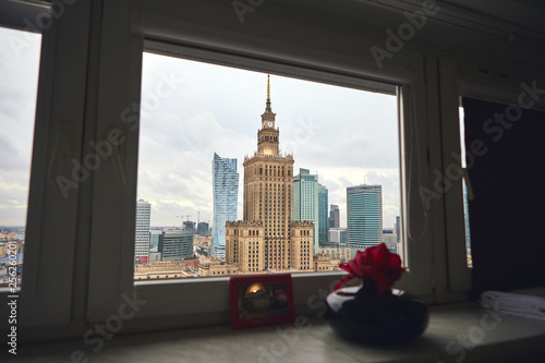 Warsaw, Poland - 08 December 2018: View from the window on Palace of Culture and Science and downtown business skyscrapers, city center, cityscape of the metropolis