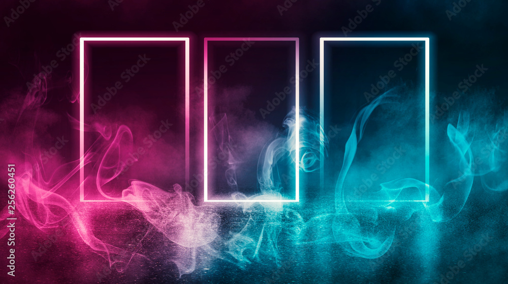 Empty scene background. Multicolored blurred lights of the night city, bokeh. Reflection of lights on a concrete tile, smoke. Neon light shapes