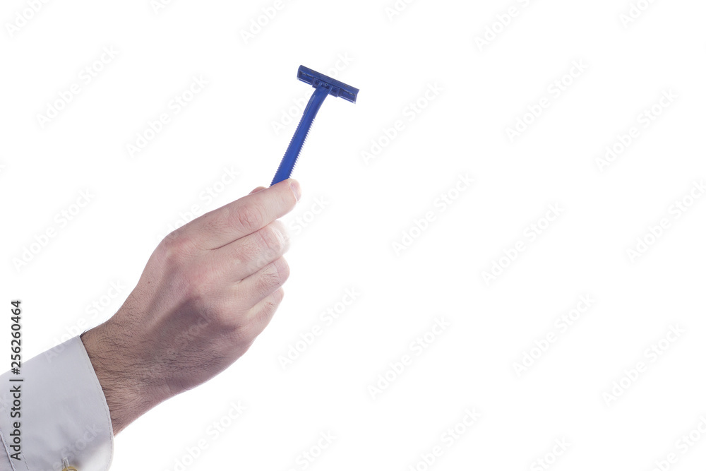 Hand holding razor blue isolated on white background Hand holding razor blue isolated on white background