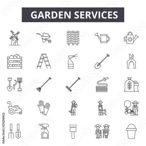 Garden services line icons for web and mobile. Editable stroke signs. Garden services  outline concept illustrations