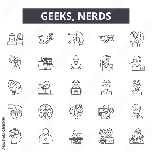 Geeks,nerds line icons for web and mobile. Editable stroke signs. Geeks,nerds  outline concept illustrations
