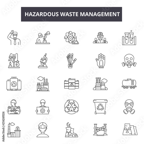 Hazardous waste management line icons for web and mobile. Editable stroke signs. Hazardous waste management  outline concept illustrations
