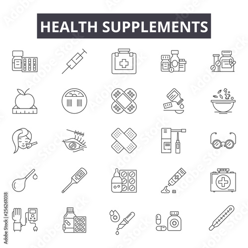 Health supplements line icons for web and mobile. Editable stroke signs. Health supplements  outline concept illustrations