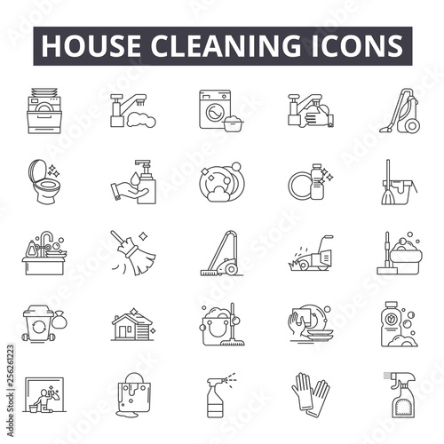 House cleaning line icons for web and mobile. Editable stroke signs. House cleaning  outline concept illustrations